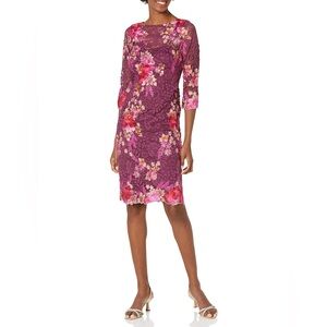 Adrianna Papell Floral Lace Boat Neck Sheath Dress sz 6 Burgundy embroidered